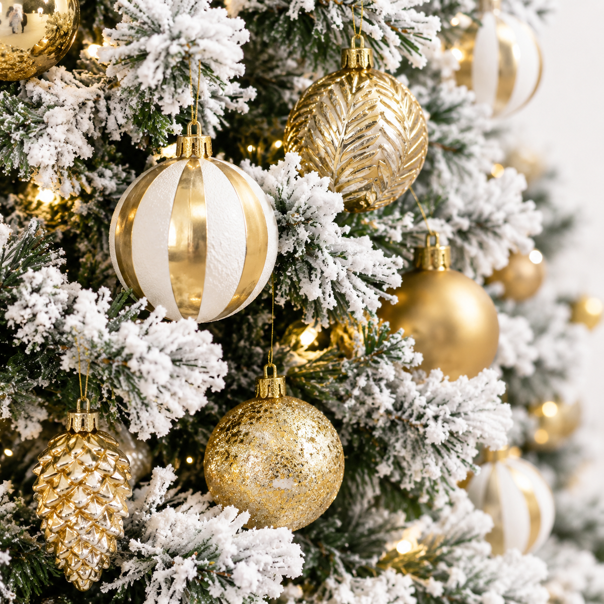 Pack Cocon | Sapin Flocon 135cm lumineux décoré doré