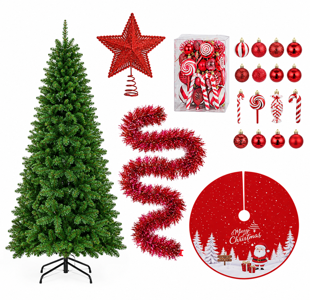Pack Authentique | Sapin Sologne 210cm décoré rouge et blanc