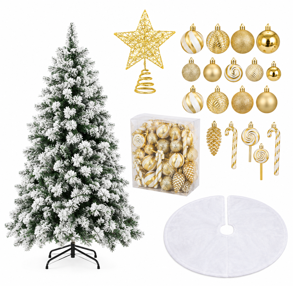 Pack Cocon | Sapin Flocon 135cm lumineux décoré doré