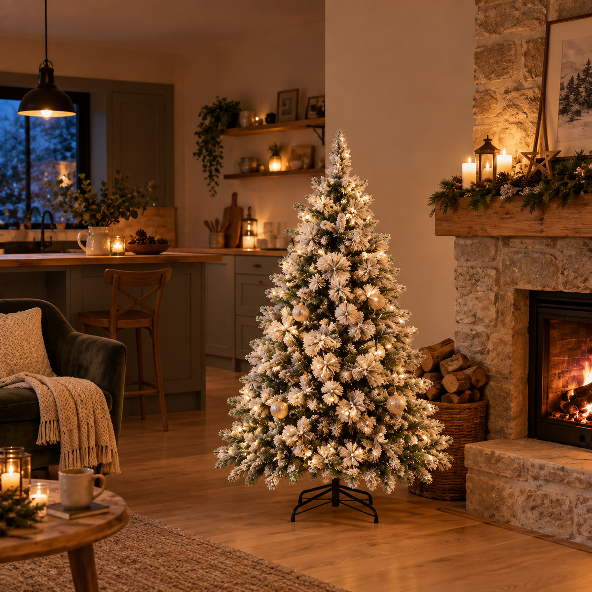 Sapin Flocon floqué 150 LED pompons blancs | L'Atelier Enchanté