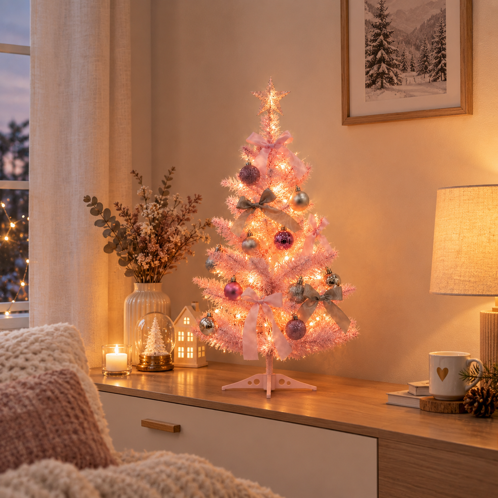 Sapin Princesse Rose nœuds satin étoile lumineuse | L'Atelier Enchanté