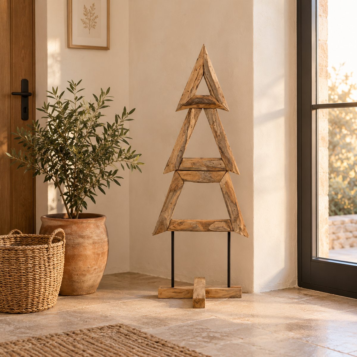Sapin Totem bois teck massif socle croix | L'Atelier Enchanté